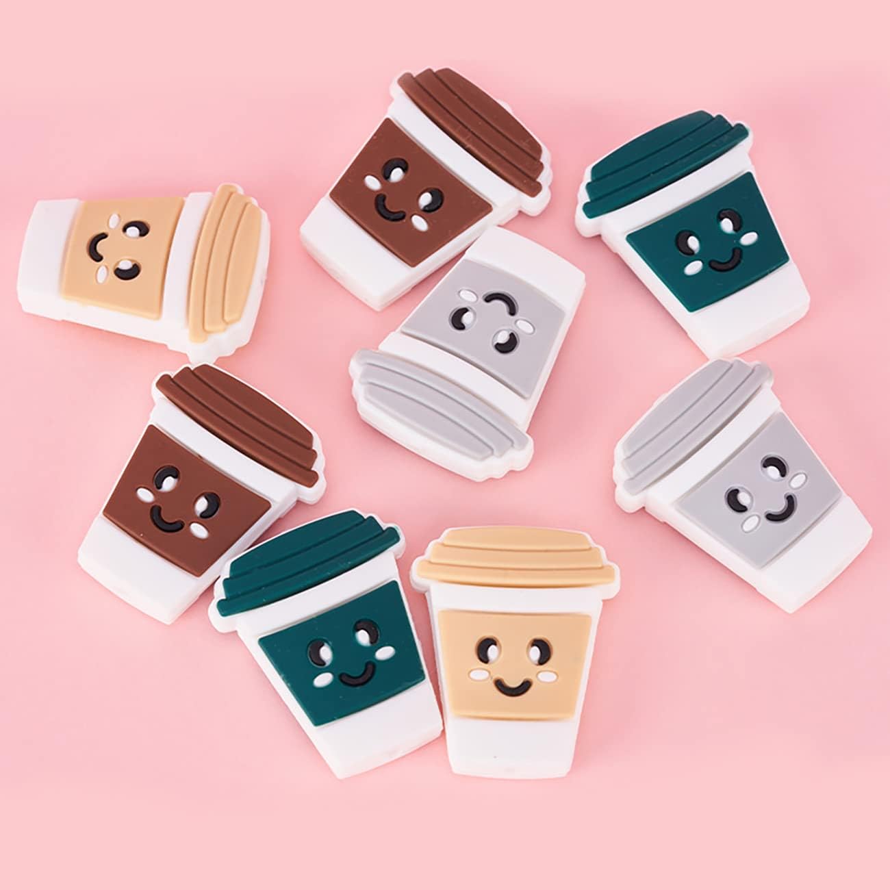 18 cuentas de taza de café de dibujos animados, cuentas de impresión de silicona, cuentas planas de forma colorida, cuentas espaciadoras de silicona