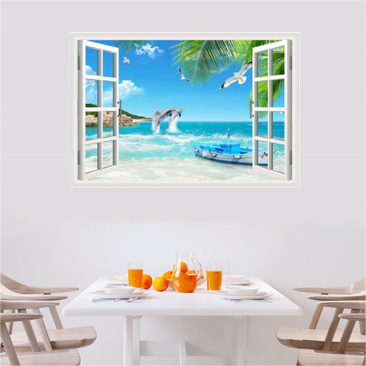 HOTIYOK Calcomanías de pared falsas de océano, diseño de delfines y animales marinos, hojas verdes, gaviotas, mural de pared para ventana, póster
