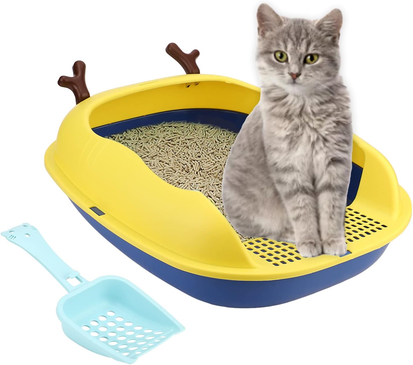 Caja de arena abierta para gatos, sartén a prueba de salpicaduras, bandeja de arena para gatitos, semicerrada, gran espacio, inodoro con pala para
