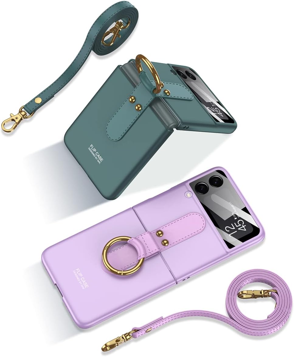 Funda para Galaxy Z Flip 4 con soporte de anillo y correa de vidrio 9H, protector de pantalla para lente de cámara de vidrio ultra fino, funda de