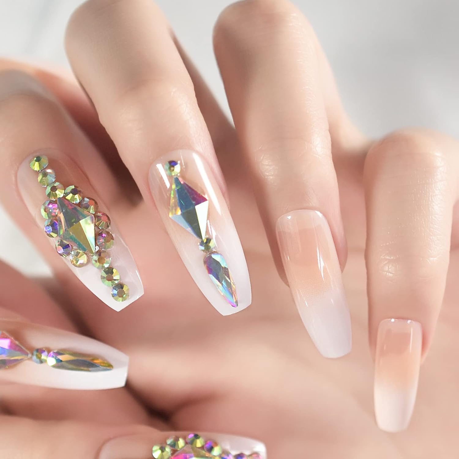EchiQ – Uñas de lujo personalizadas con piedras grandes decoradas para uñas de lujo en forma de ataúd de color degradado, uñas naturales con