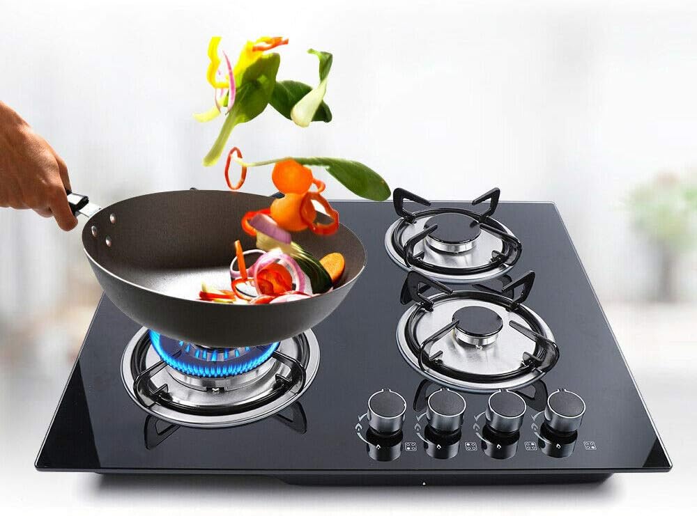 Placa de cocina de vidrio templado negro Estufa incorporada Placa de cocción Cocina fácil de limpiar para cocinar (4 quemadores)