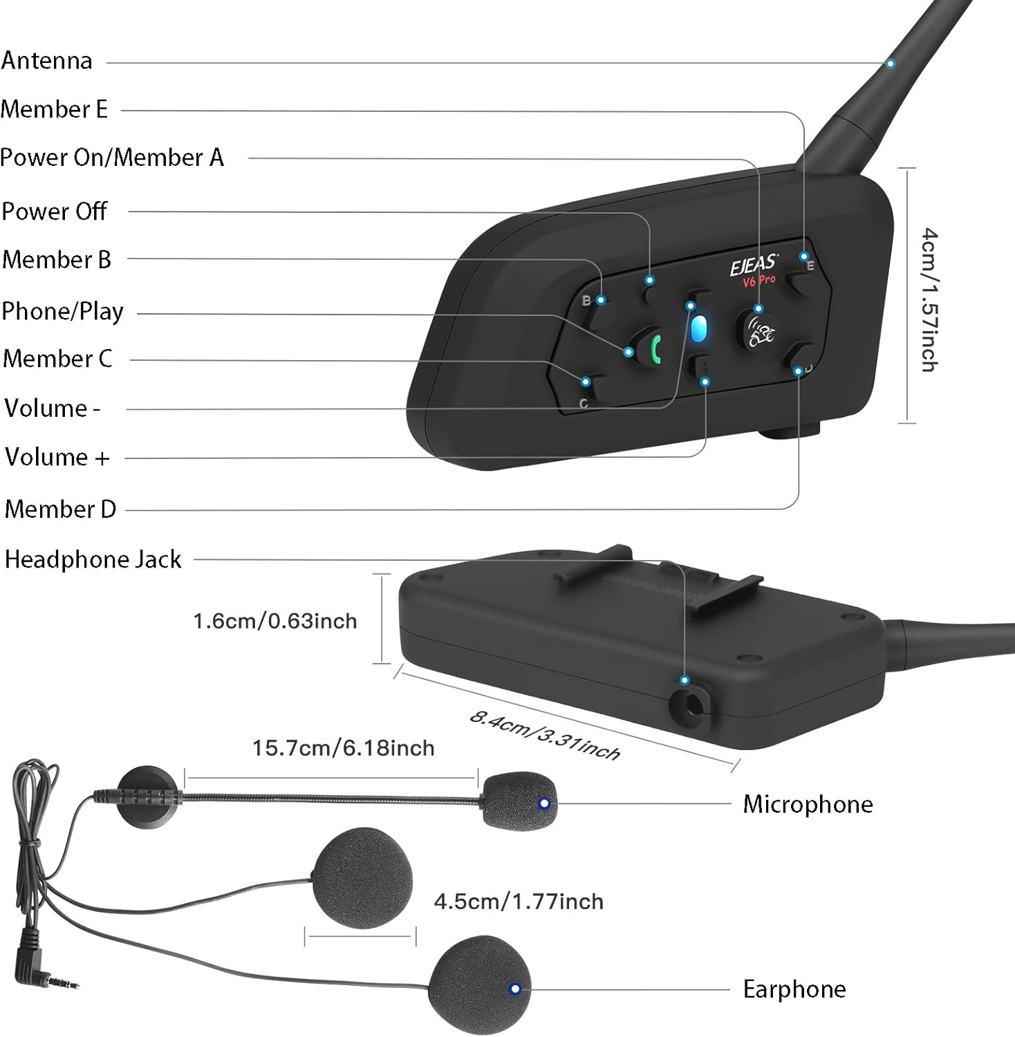 MIMIRACLE V6 Pro – Casco de motocicleta con Bluetooth, hasta 6 ciclistas de 2 vías 1200M IP65, impermeable, sistema de comunicación inalámbrico para
