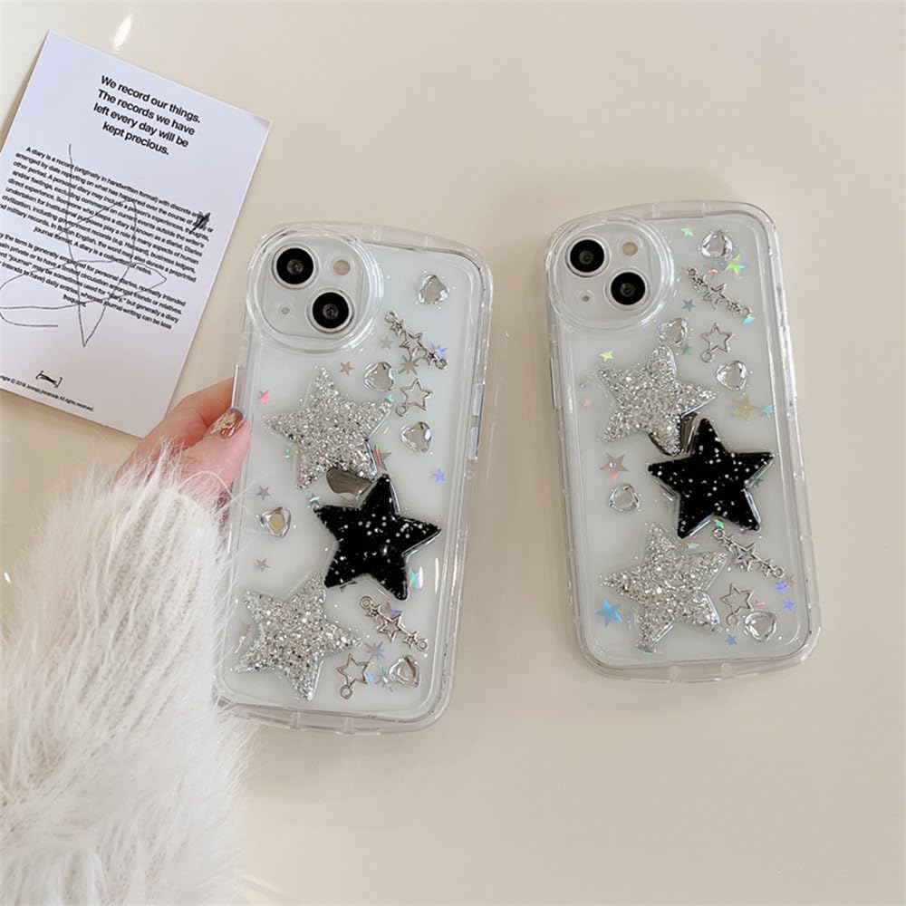Funda para iPhone 12 con accesorios de cadena de dijes para teléfono, bonita funda 3D brillante con estrellas brillantes y diamantes de imitación