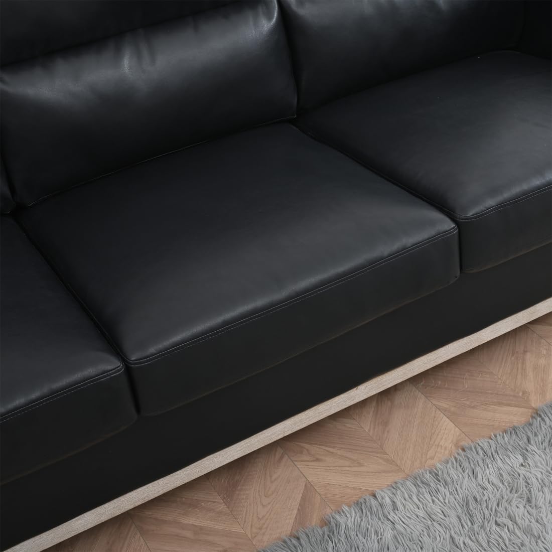 Sofá de 3 plazas de piel sintética, asiento profundo con bolsillo lateral de almacenamiento y patas de madera de goma, montaje sin herramientas,