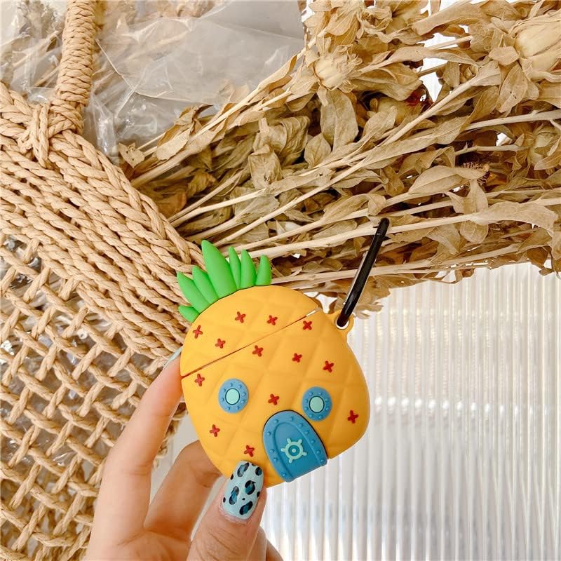 Funda de silicona ultra gruesa y suave con gancho para llavero para Apple AirPods 1, 2, 1 generación, piña de casa, fruta amarilla, dibujos animados