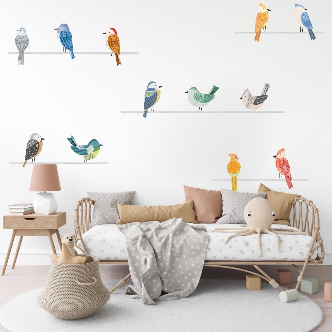 OLMIXA Vinilo decorativo de pared de pájaros grandes, diseño de pájaros en alambre, vinilo colorido con temática de naturaleza, arte de pared para