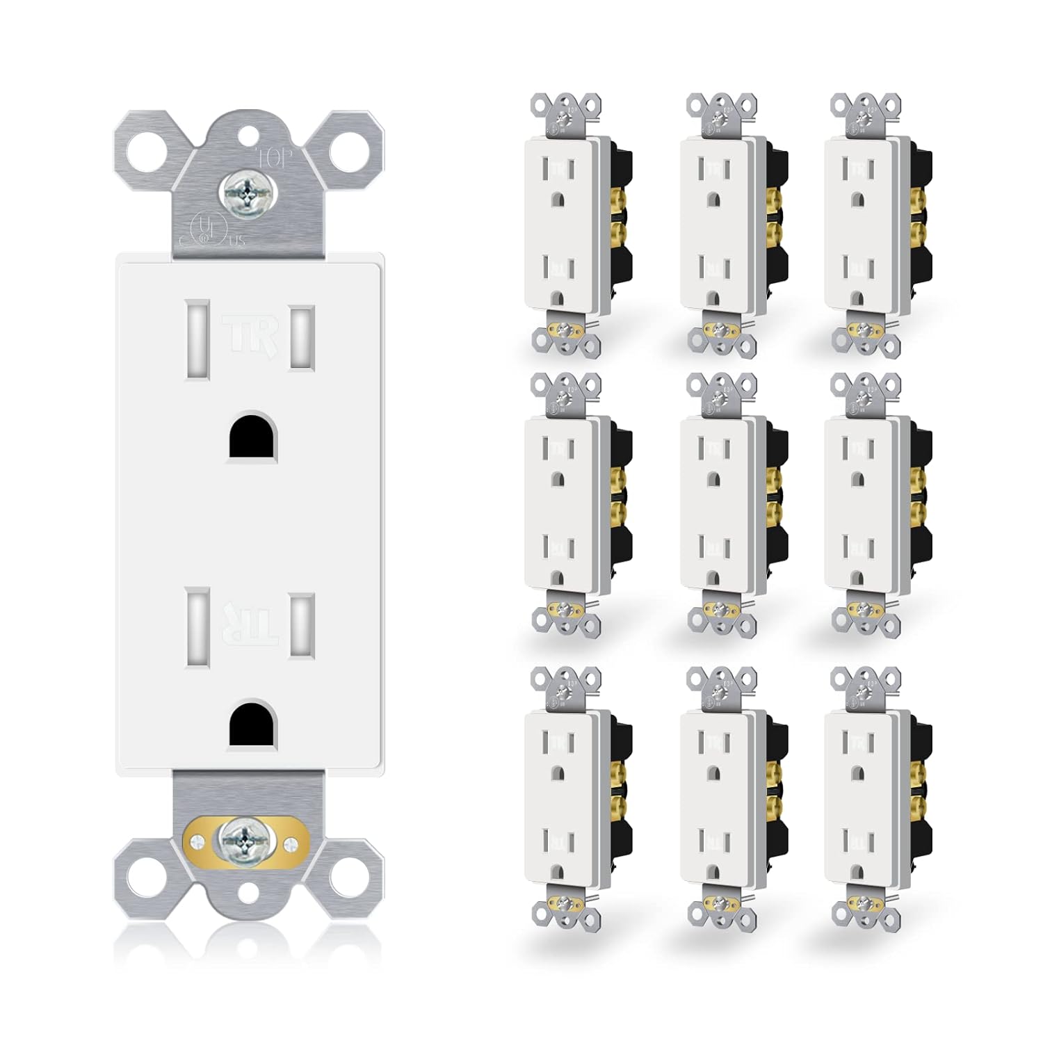 Tomacorriente eléctrica dúplex de grado residencial estándar 15A, resistente a manipulaciones, 2 polos y 3 cables, autoconexión a tierra, a prueba