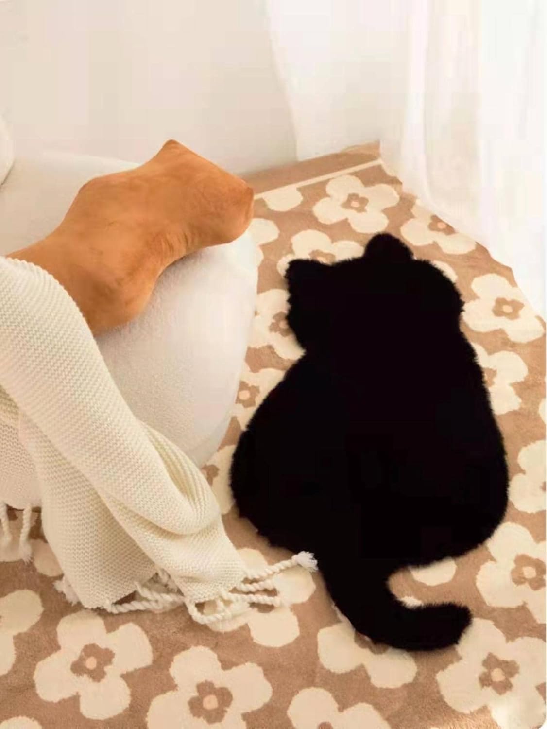QWINEE Alfombra de felpa con forma de animal de gato, antideslizante, suave, gruesa, para mascotas, baño, sala de estar, cocina, color negro, 30 x