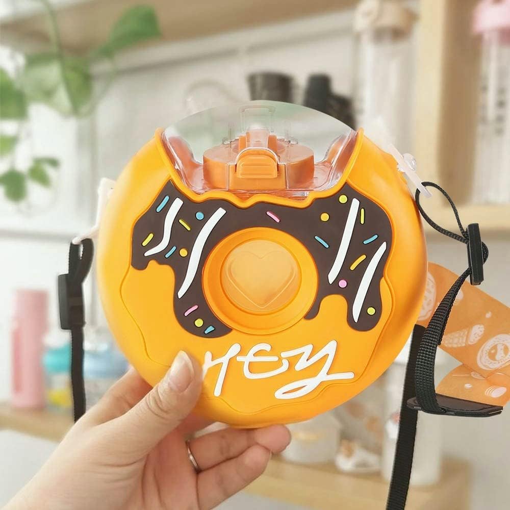 Botella de agua Kawaii Donut con popote para niños y niñas, bonita tetera portátil con correa sin BPA a prueba de fugas, taza de agua para la