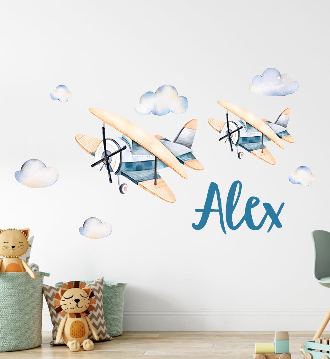 Calcomanías de pared personalizadas con nombre de avión vintage para niños, calcomanías de pared de acuarela de aviones con nubes, calcomanías de