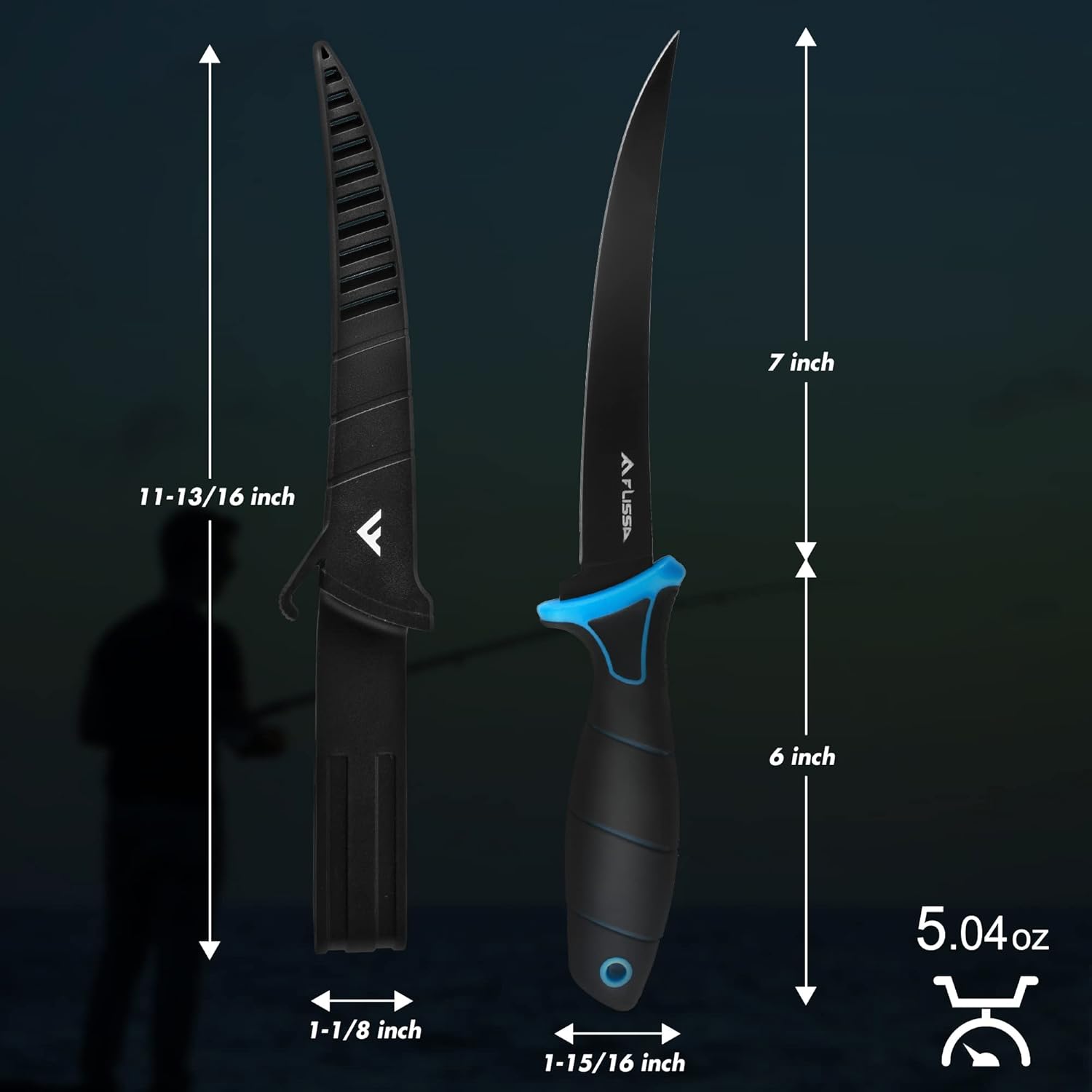 FLISSA Cuchillo de filete y cuchillo de cebo, cuchillo de filete de pescado de 7 pulgadas con funda protectora y cuchilla afilada de acero