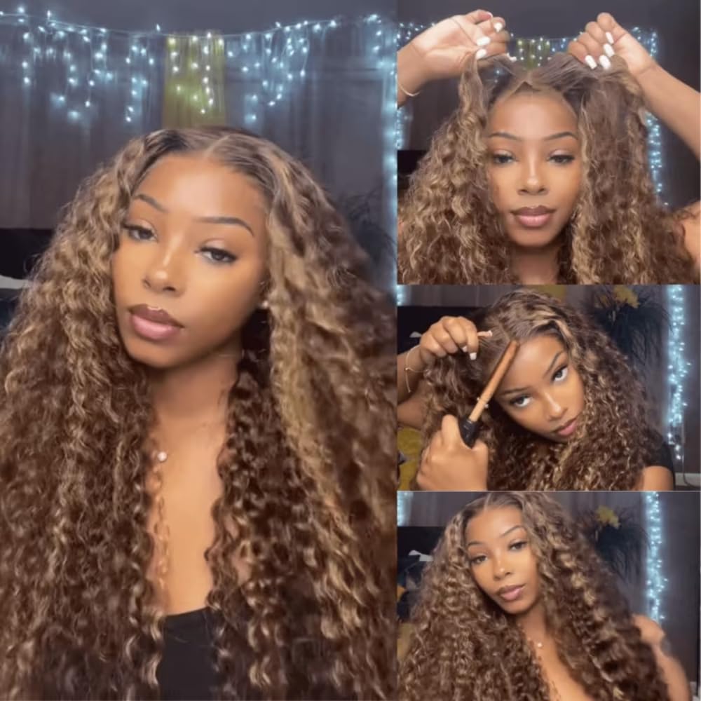 YIROO Peluca de cabello humano ondulado con reflejos miel de 13 x 4 HD, transparente, encaje frontal, peluca rubia castaño, con balayage, peluca