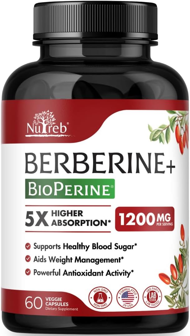 Suplemento de berberina de 1200 mg  5 veces mayor absorción  Ultra puro 98% Berberina HCL  Control de peso saludable, apoyo inmunológico  Sin OMG,