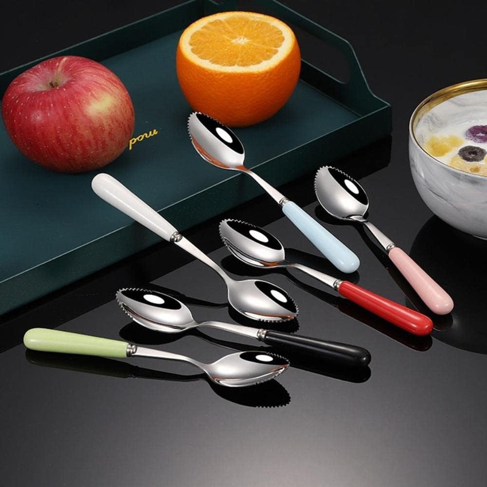 Cucharas de pomelo, cuchara dentada de acero inoxidable con mango de cerámica multicolor para cocina (plata, blanco)