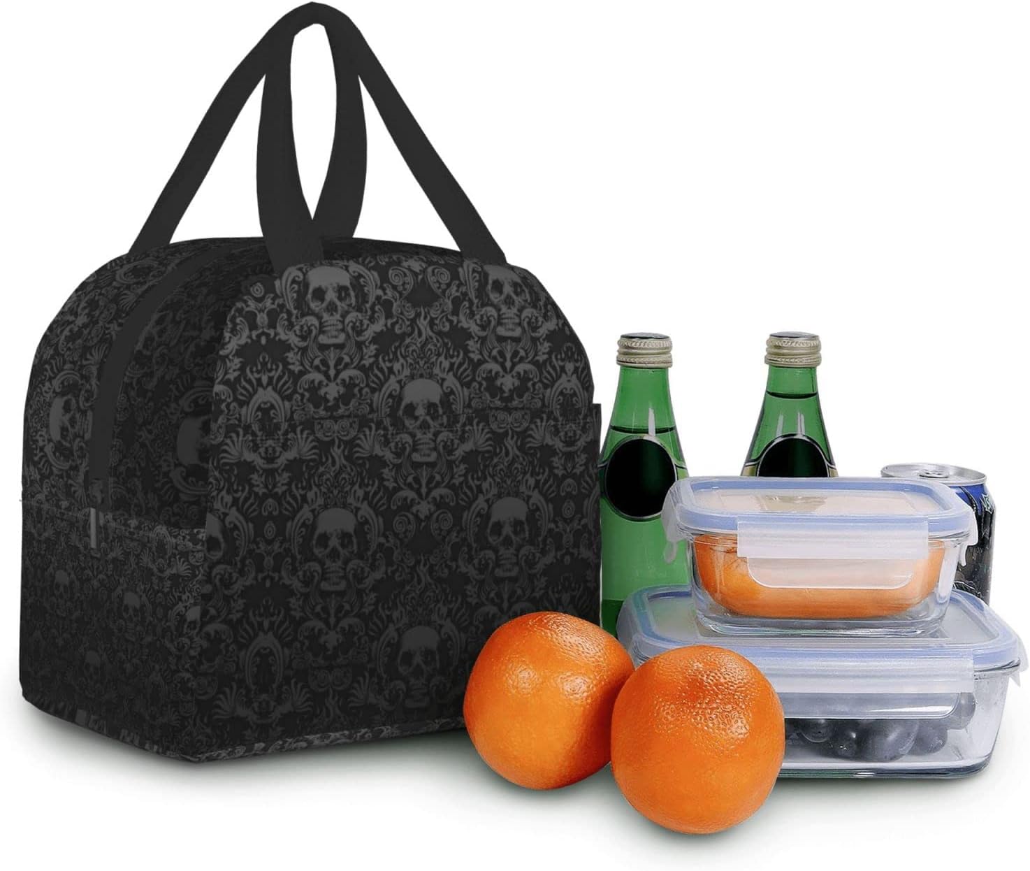 Bolsa de almuerzo aislada de calavera negra gótica con bolsillos, para mujeres y hombres, reutilizable, portátil, térmica, para el trabajo, picnic,