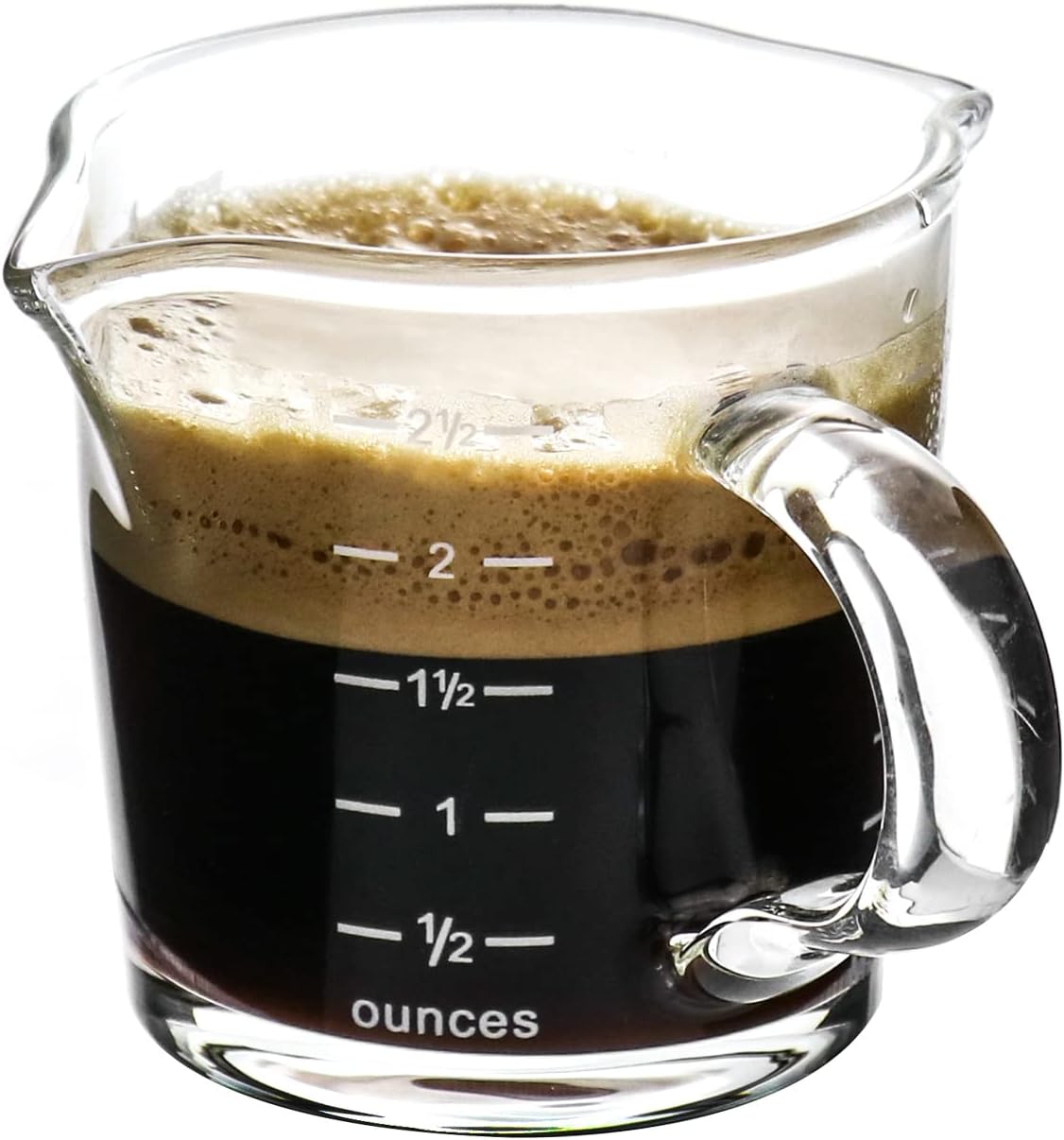 QWORK Vaso de chupito de café expreso con asa, paquete de 4 vasos medidores de vidrio de doble boquilla de 3 onzas, taza de leche triple con dos