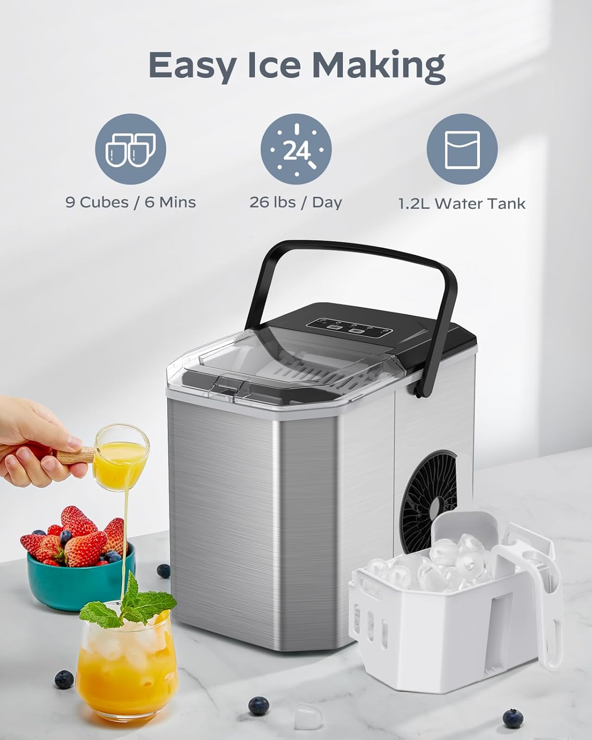 Silonn Máquina de hielo portátil de acero inoxidable con asa de transporte, máquinas de hielo autolimpiantes con cesta y cuchara, 9 cubos en 6