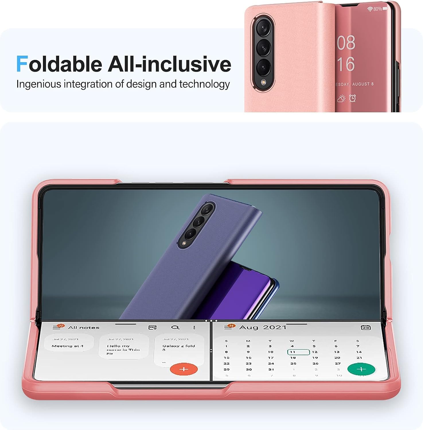 Funda compatible con Samsung Galaxy Z Fold 3, de piel, delgada, transparente, espejo S-View, a prueba de golpes, con función atril, antiarañazos,