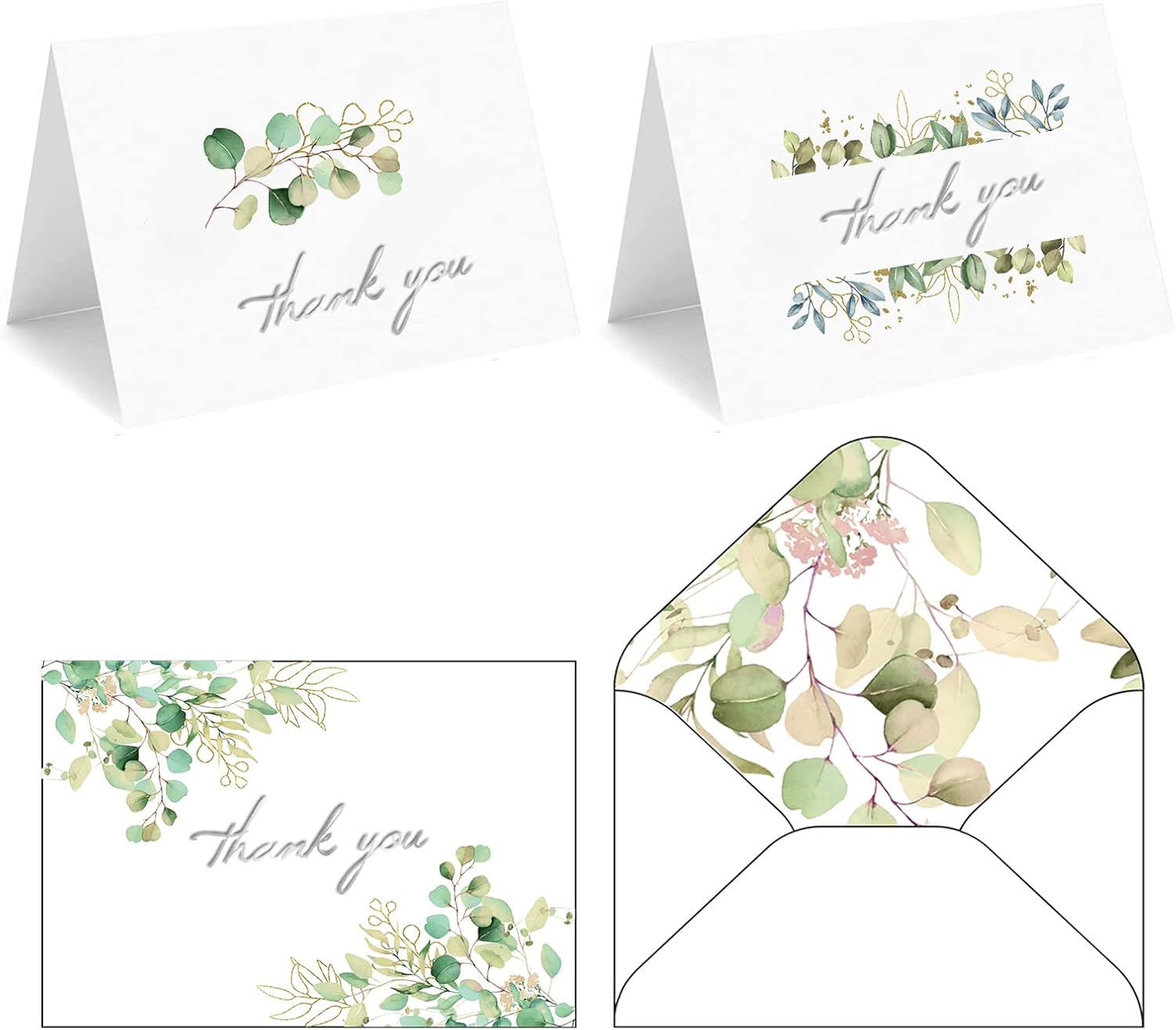 Paquete de 48 tarjetas de agradecimiento con sobres y calcomanías, diseño de estilo plateado de 6 x 4 pulgadas, notas en blanco para compromiso,