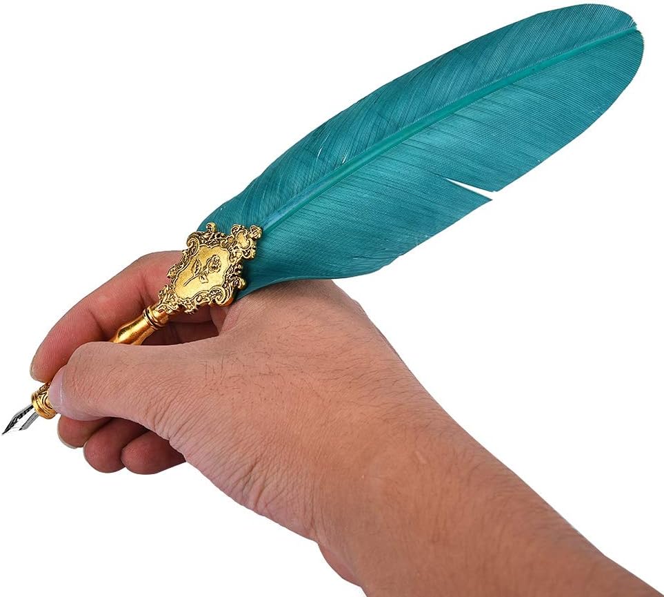 Zerone Juego de plumas retro, pluma estilográfica clásica europea, pluma de pavo real antiguo, pluma de metal con punta de pluma de escritura, caja