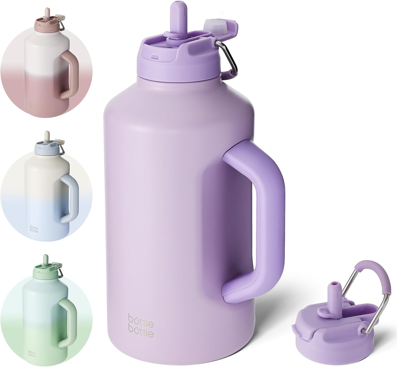 BOTTLE BOTTLE Botella de agua aislada de 64 onzas con popote y tapa de doble uso, botella de agua deportiva de acero inoxidable con asa al vacío de