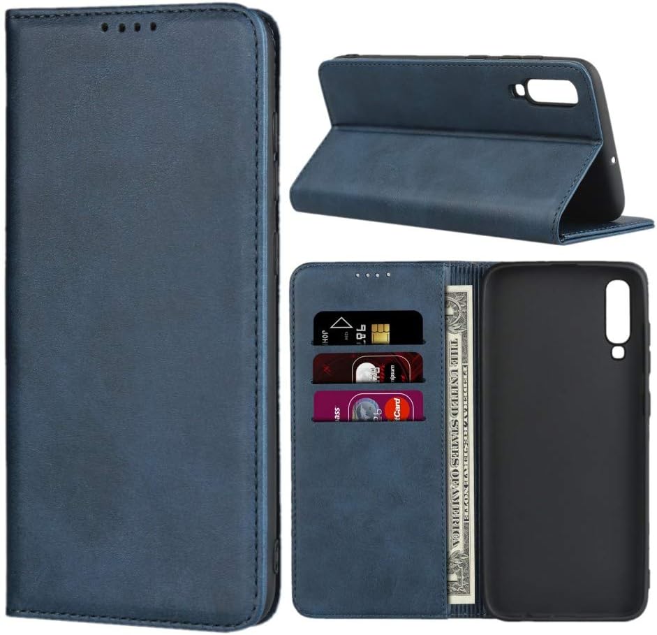 Funda magnética para Samsung Galaxy A70, de piel sintética, con función atril, con ranuras para tarjetascompartimento para efectivo, color azul