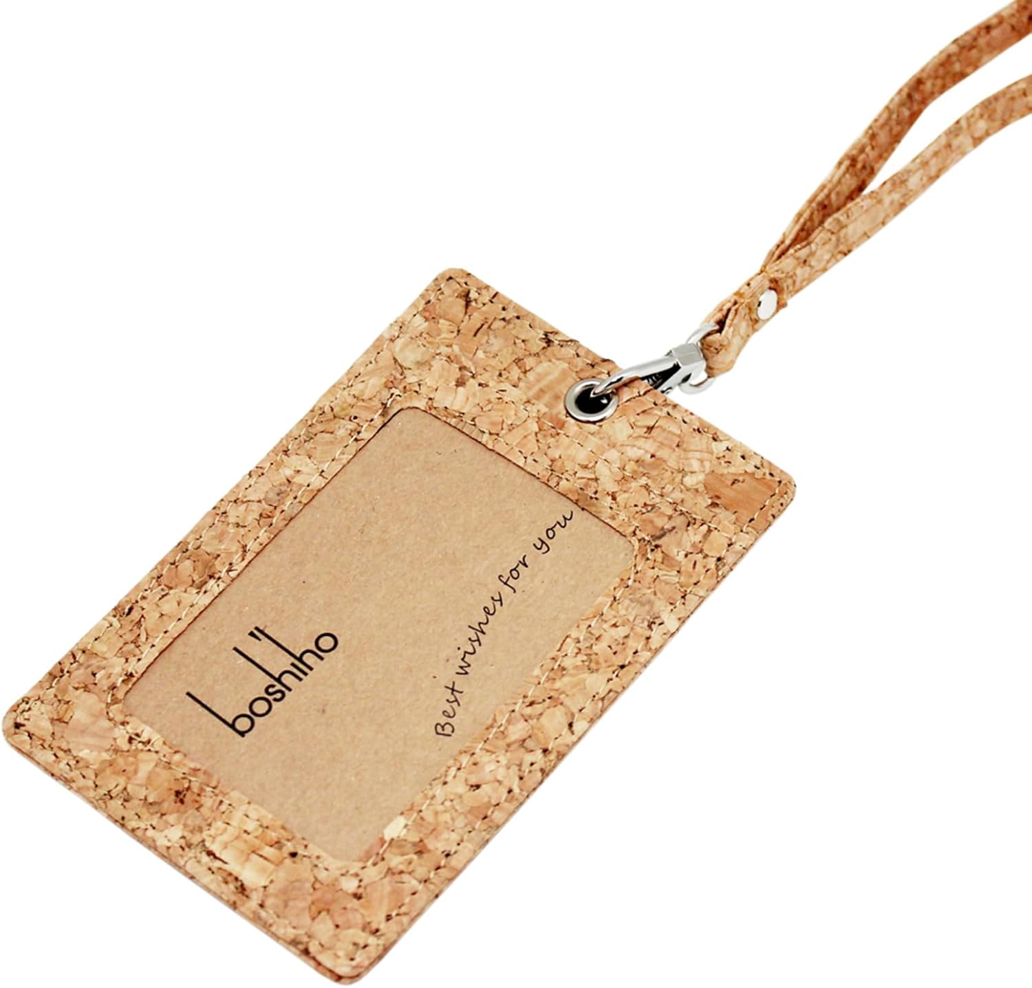 Boshiho. Funda vertical, de piel, para tarjeta de identificación con cordón resistente., Corcho