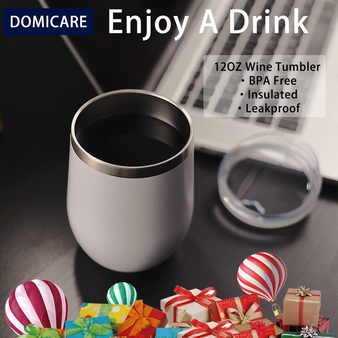 DOMICARE – Vaso de vino de 12onzas con tapa, hecho de acero inoxidable con aislamiento al vacío de doble pared, paquete de 1 unidad, color blanco