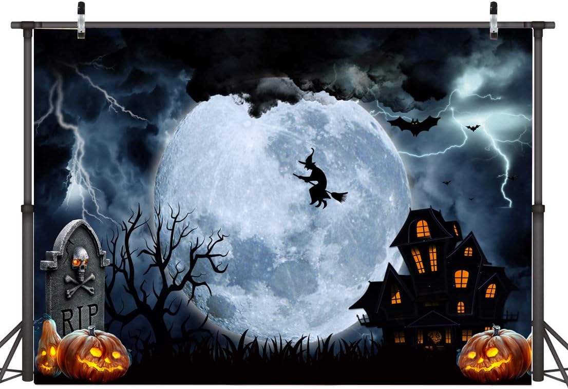 AIIKES Telón de fondo de Halloween de 10 x 8 pies, telón de fondo de noche de terror de luna grande, fondo de fotografía de castillo de bruja y