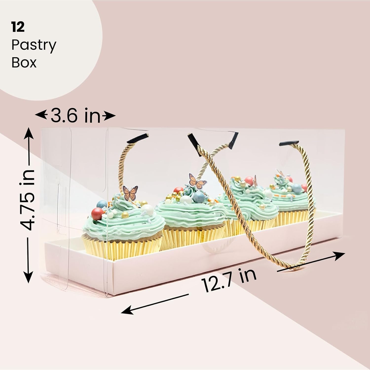 Sparkle and Bash Cajas transparentes para cupcakes con mango de cuerda dorada e inserciones blancas, 4 compartimentos (12.7 x 4.7 x 3.6 pulgadas),