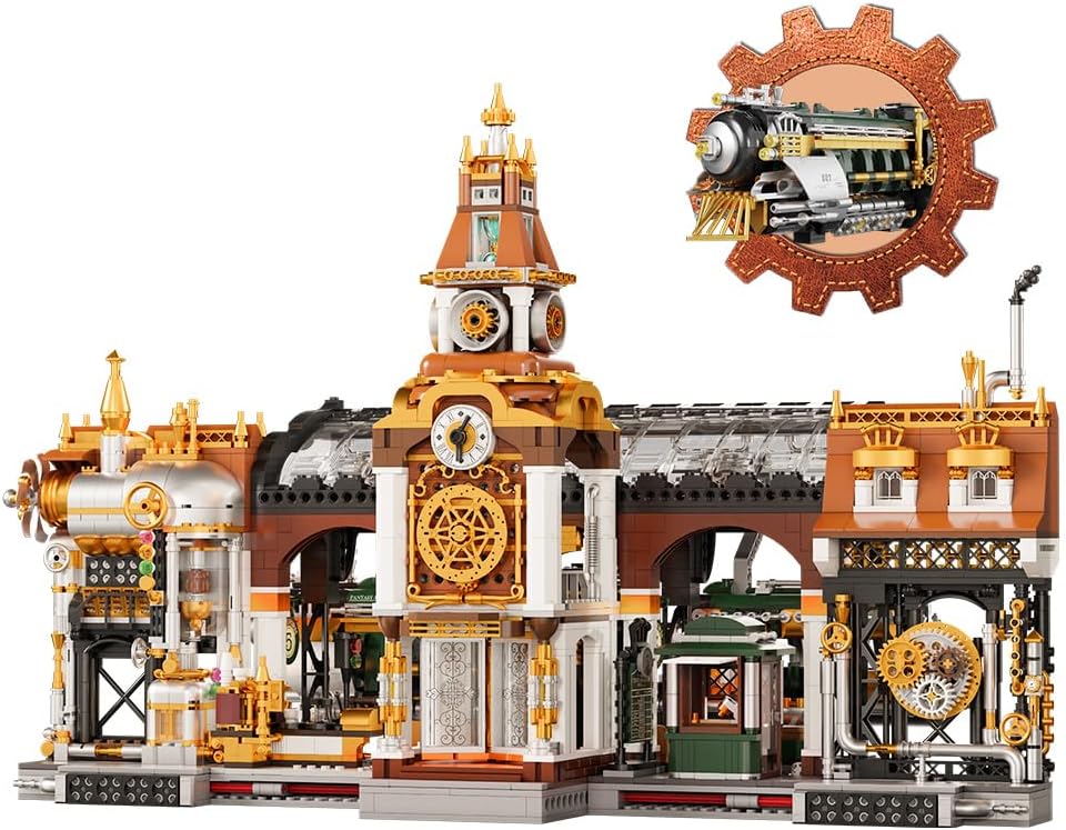 BRICKKK Juego de construcción de arquitectura de la estación de tren, juego de ladrillos de construcción de la estación de tren Steampunk, cuenta
