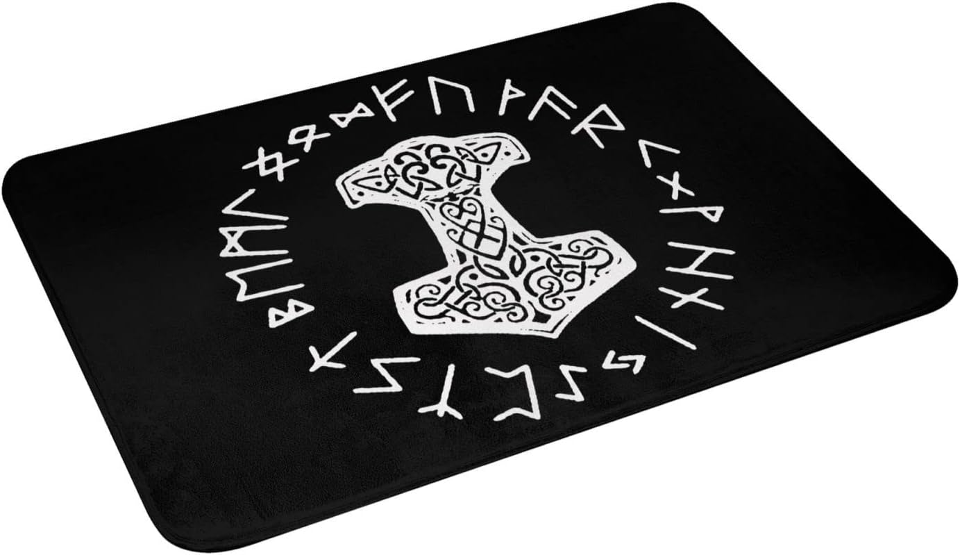 Vikings Mjolnir and Rune Wheel – Felpudo de interior con símbolo de mitología nórdica, alfombra de entrada para puerta de baño, 24 x 16 pulgadas