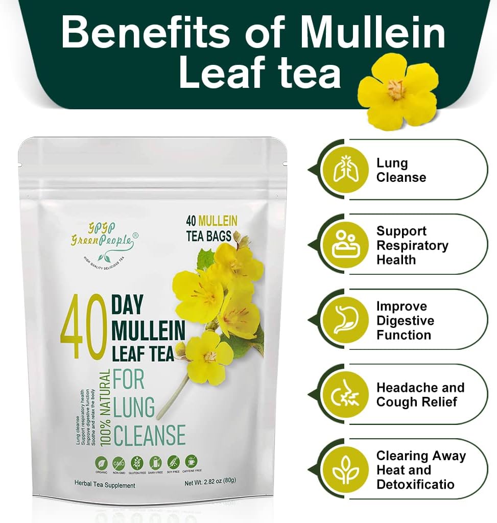 Té de hoja de gordolobo para limpieza de pulmones y apoyo inmunológico, 100% natural, sin cafeína, 40 bolsas de té
