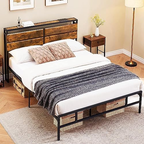 Base de cama tamaño Queen, marco de cama de plataforma de metal con cabecera de almacenamiento, cabecera de madera rústica vintage, base de colchón,