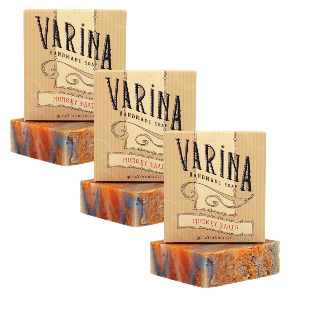 Varina Jabón en barra Natural Monkey Farts – Limpieza suave para pieles sensibles, afrutado – Paquete de 3 – Experimenta una piel sana y brillante