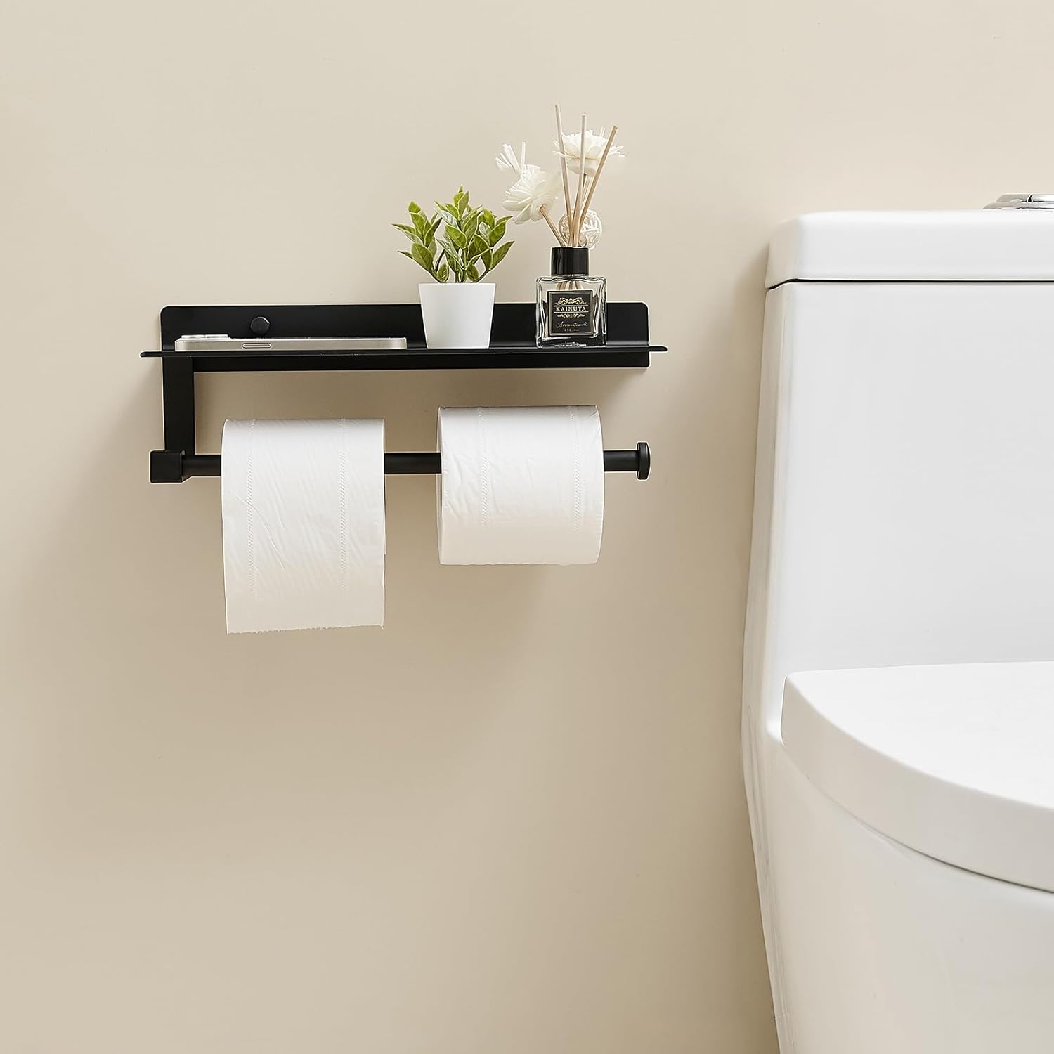 Soporte de pared para toallas de papel, para baño, toallero de mano para baño, soporte para toallas de papel negro con estante (negro mate)