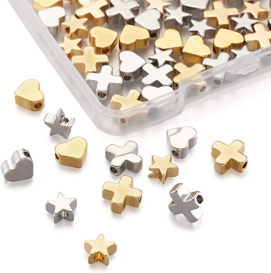 Craftdady 60 cuentas espaciadoras de estrella de crucifijo de 3 estilos, cruz y corazón, platino, oro, diminutas cuentas de latón sueltas para hacer