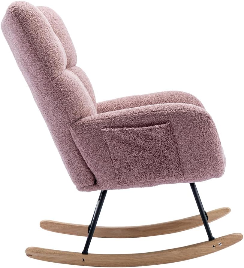 Mecedora moderna para guardería, silla mecedora tapizada de tela de peluche con base de madera maciza, cómodo sillón con respaldo de ala para