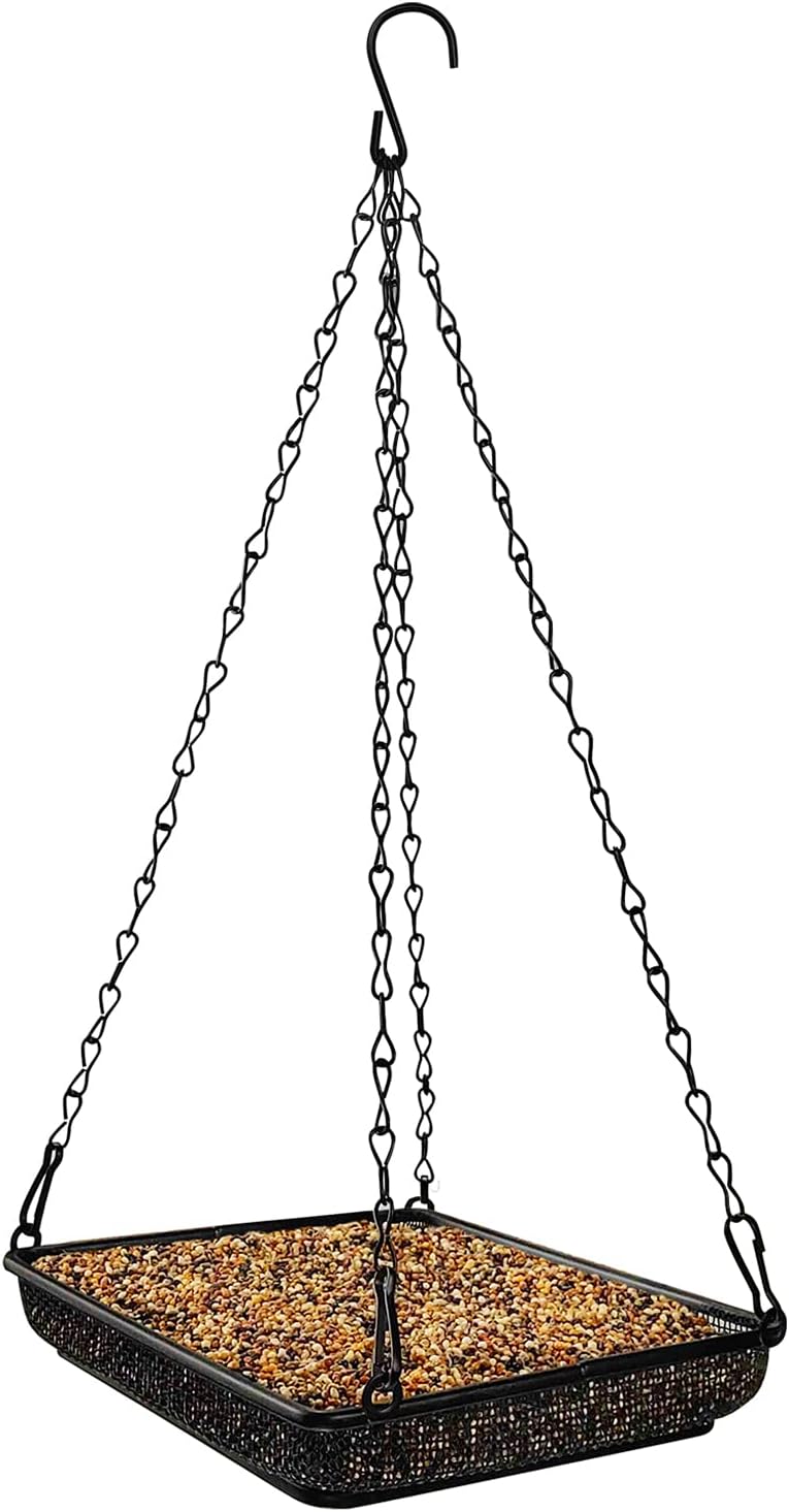 MIXXIDEA Bandeja colgante para pájaros con plataforma de malla metálica con cadenas duraderas para jardín al aire libre, ideal para atraer pájaros