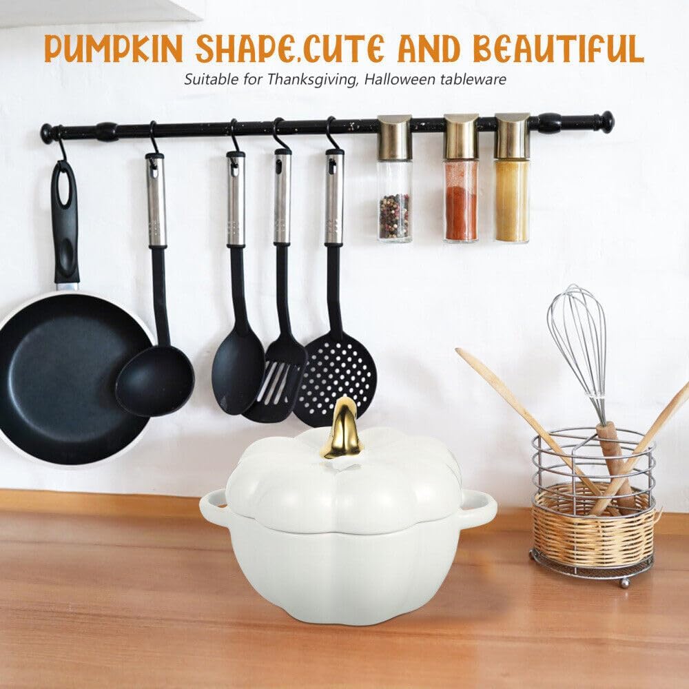 Cuenco de sopa de calabaza de cerámica con tapa, plato de calabaza plato de sopa de cereales de cerámica con tapa, vajilla creativa de moda (blanco)
