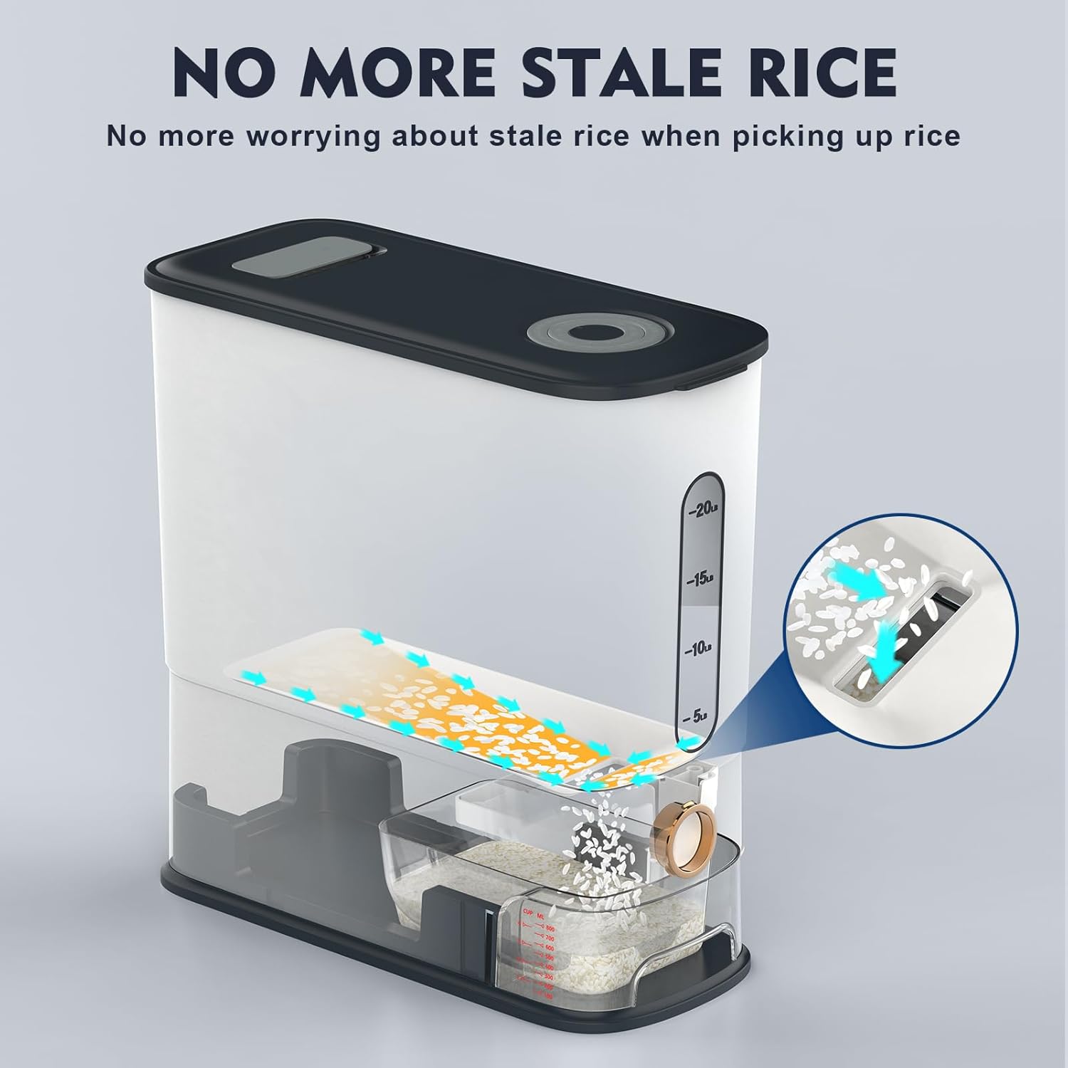 JOJOZOO Dispensador de arroz de 26.5 libras, recipiente grande de almacenamiento de cereales con taza medidora y escala de tiempo, recipiente de