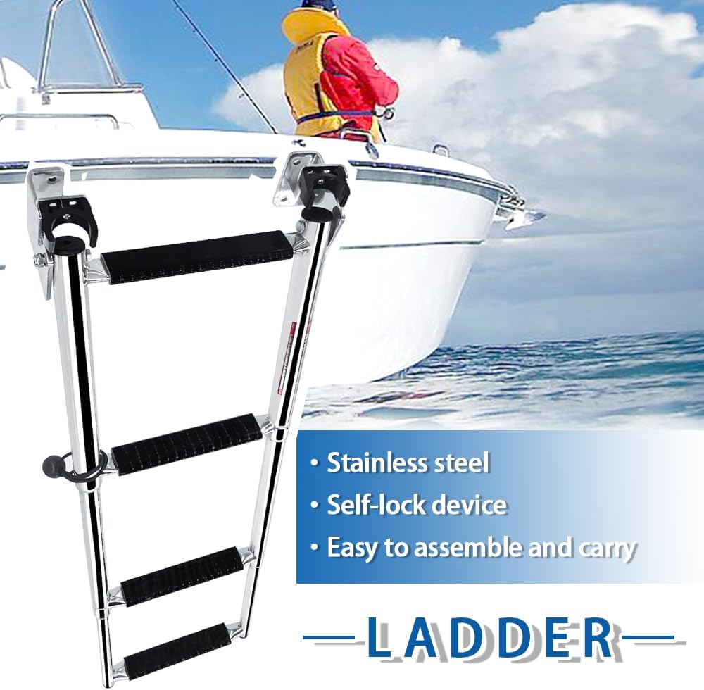 Escalera de acero inoxidable para barco de 4 escalones, escalera telescópica de travesaño, soportes de montaje en travesaño con autobloqueo,