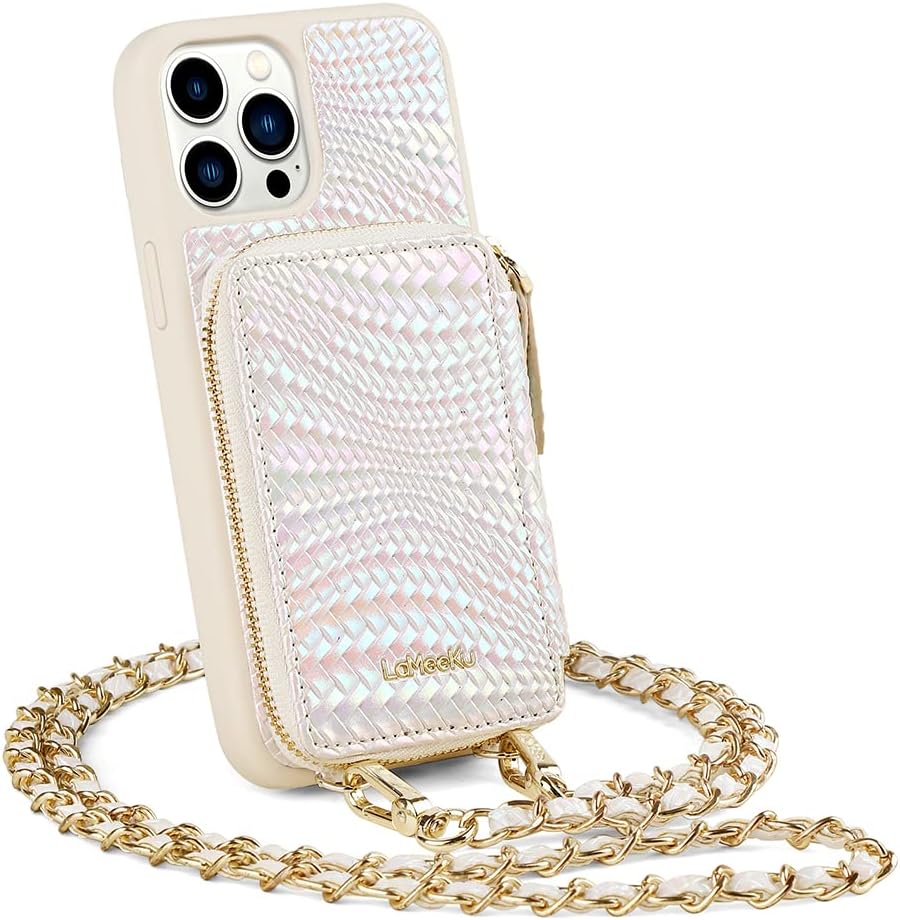 LAMEEKU Funda tipo cartera para iPhone 14 Pro, funda con tarjetero para iPhone 14 Pro, funda cruzada de cuero para mujer, funda de teléfono con