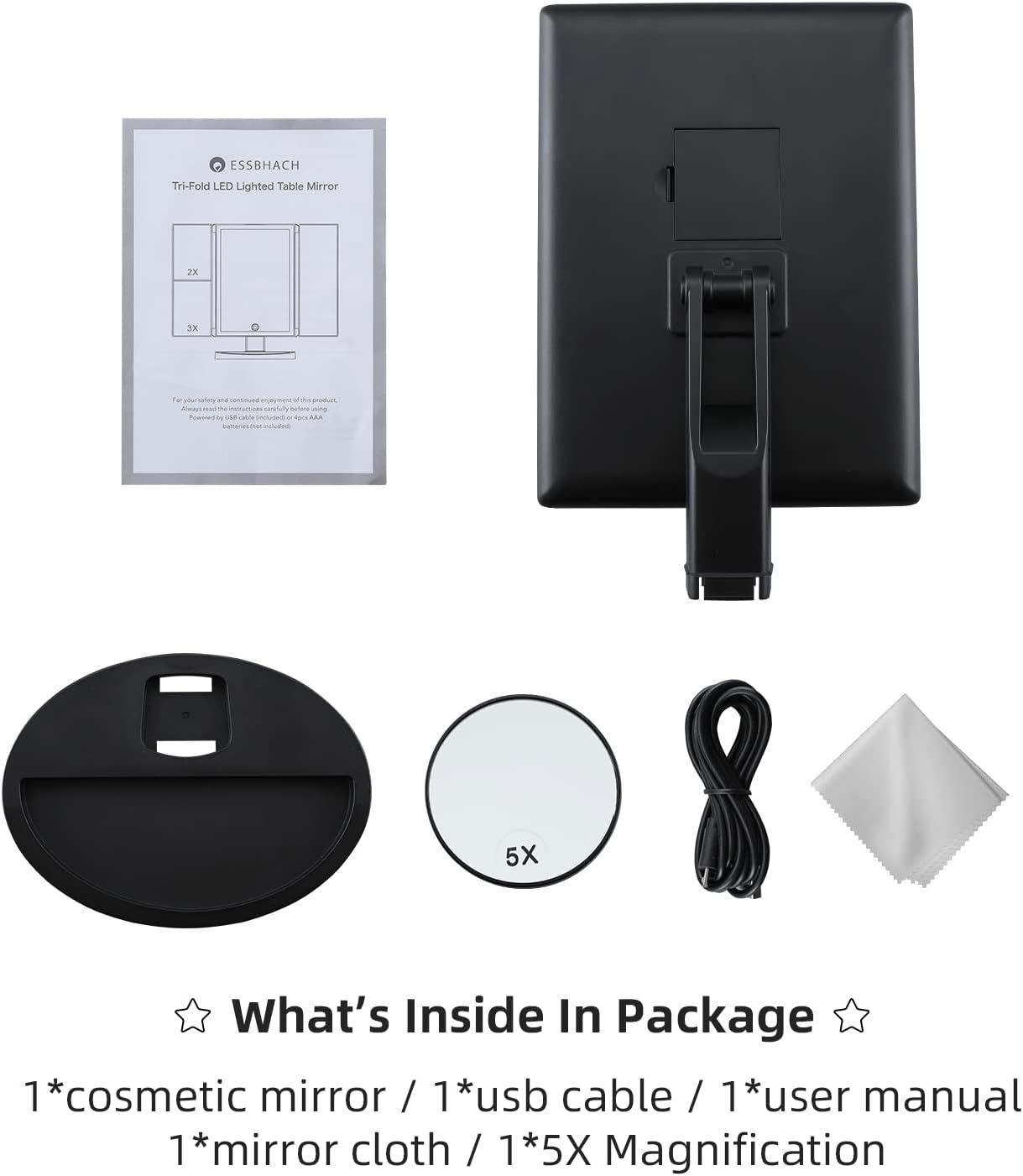 Essbhach Espejo de maquillaje con 21 luces LED, 4 ampliaciones y atenuación de pantalla táctil, rotación de 180 con doble potencia y brillo