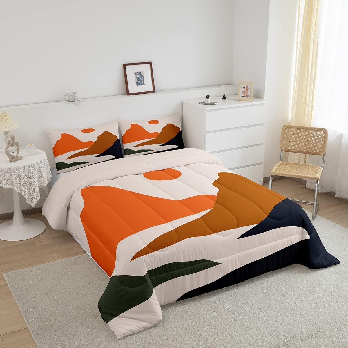 Erosebridal Juego de edredón de estilo japonés, juego de ropa de cama bohemio vintage de paisaje de montaña para mujeres y hombres, juego de edredón