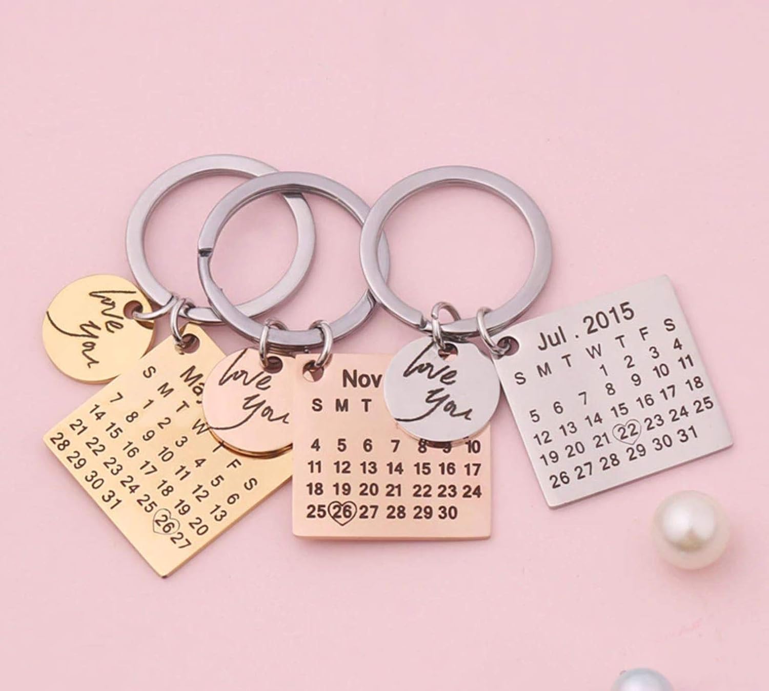 Personalized Custom Calendar Keychain, Stainless Steel Highlighted with Heart Date, Engrave Date Wedding Anniversary Keyring Gift, Gift for her,