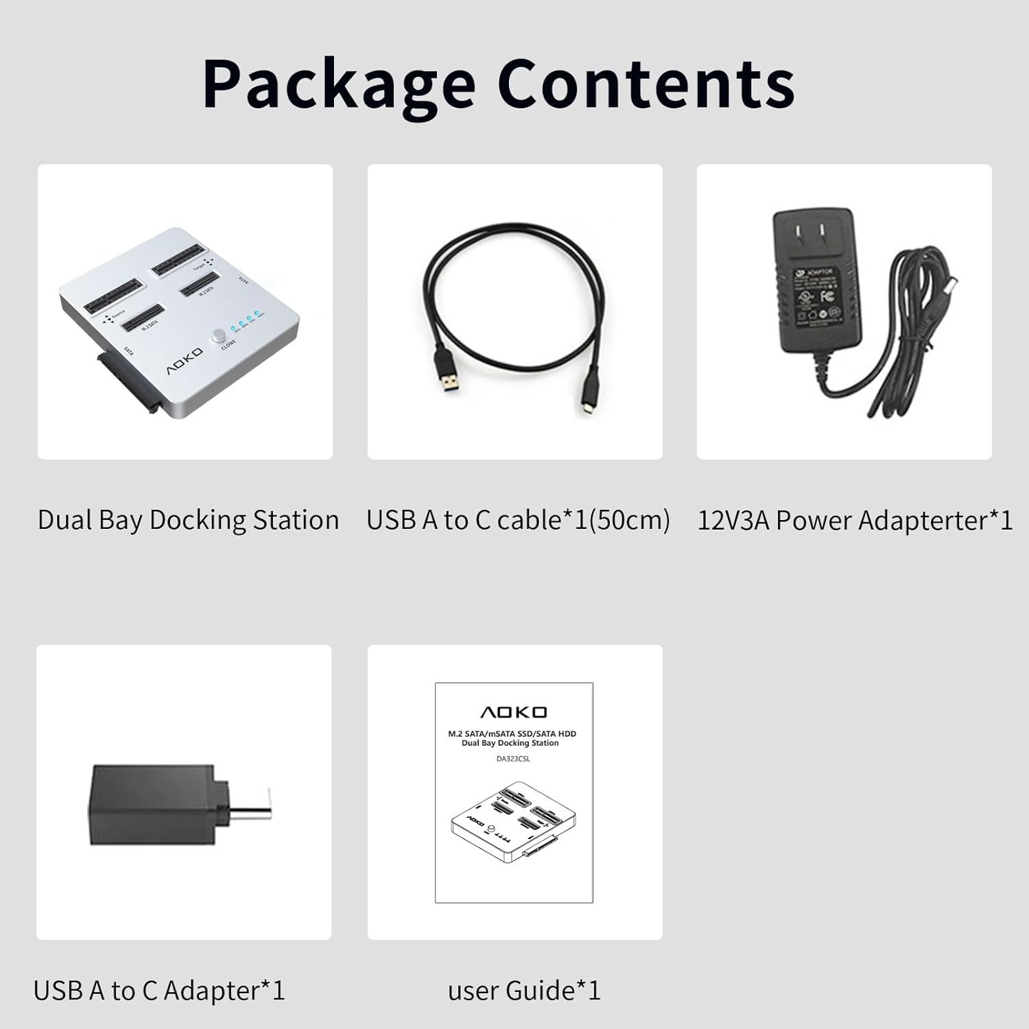 AOKO Estación de acoplamiento de disco duro SATA 3 en 1 de doble bahía para SSD y HDD SATA de 2.5 pulgadas3.5 pulgadas + SSD mSATA o SSD SATA M.2