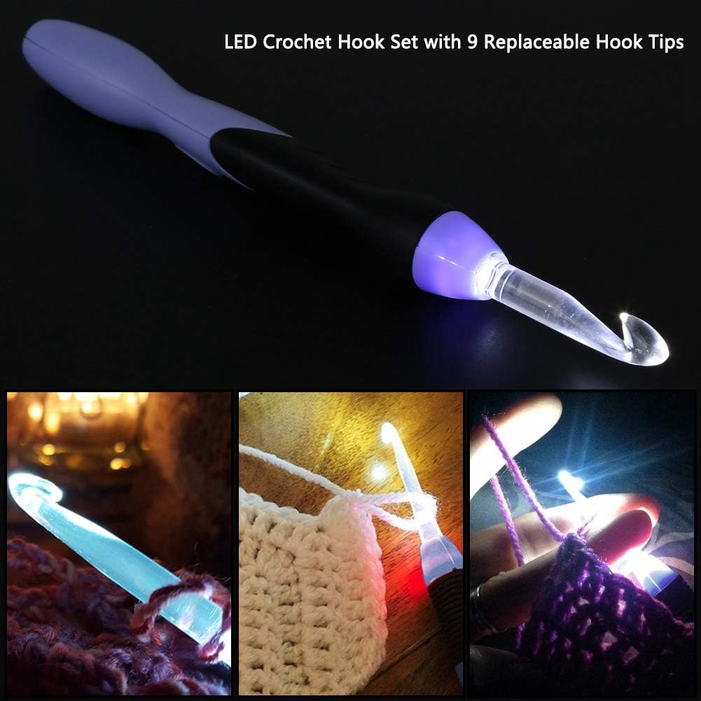 Ganchos de ganchillo iluminados, juego de ganchos de ganchillo LED 9 en 1, 9 cabezales intercambiables iluminan agujas de tejer, accesorios para