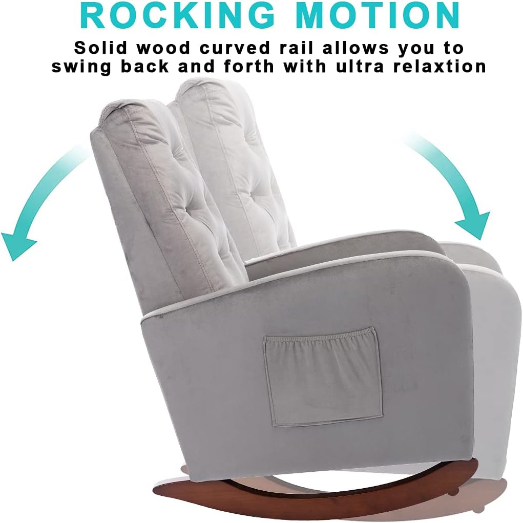 Silla mecedora decorativa, capitoné tapizada de terciopelo de lujo, sillón mecedor deslizante con bolsillo lateral para guardería, sala de estar,